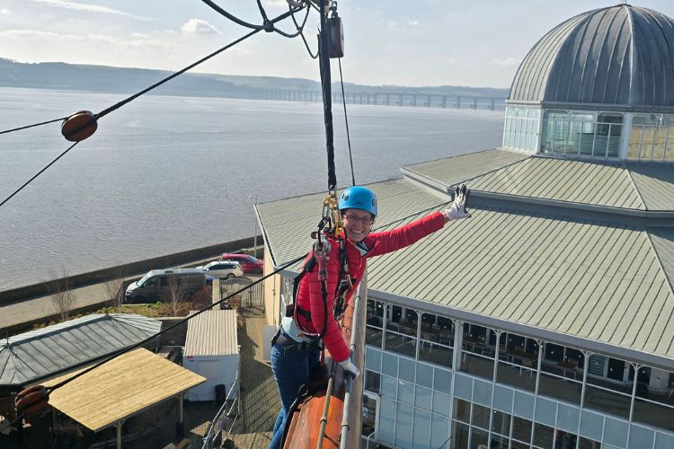 Dr Sandra Romenska climbs the mast of RRS Discovery